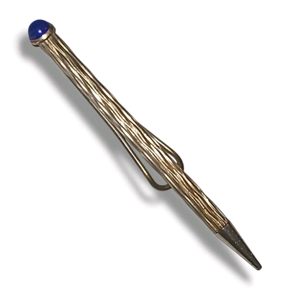 Vintage Gold Tone Mechanical Pencil Blue Cabochon Textured Pocket Clip 3.5